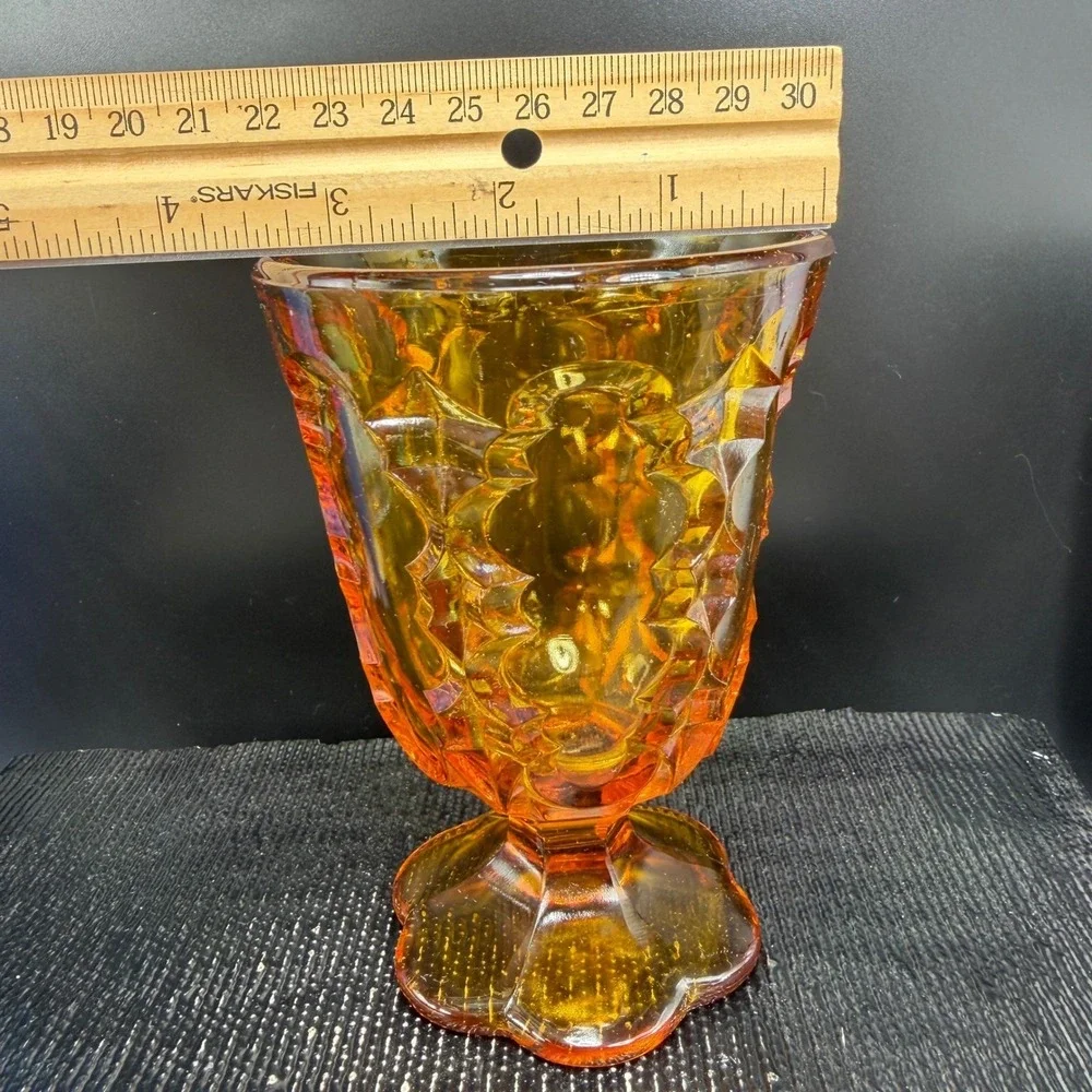 Vintage Amber Glass Goblet Diamond Starburst Footed Water Glass Cup VTG Decor‎